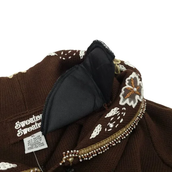 Sweater Sweater Embroidered Beaded Cowl Neck Cardigan Womens Size XL Brown NEW